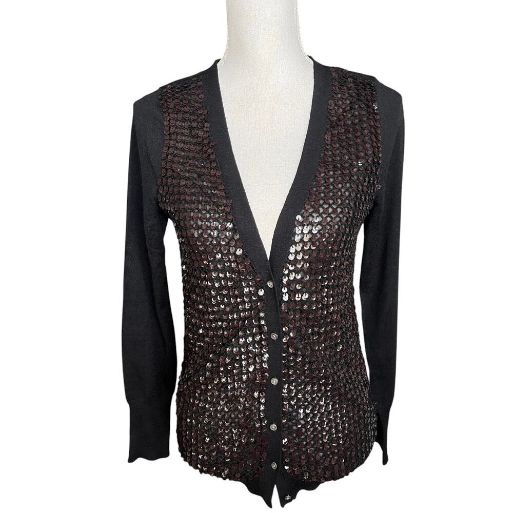 J. Crew Black sequin cardigan sweater preppy work wear office academia wool